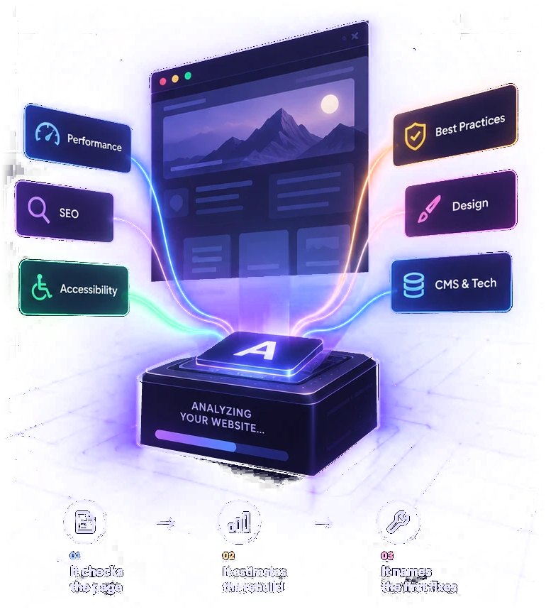 Your website analysed for performance, SEO, accessibility, best practices, design and its CMS