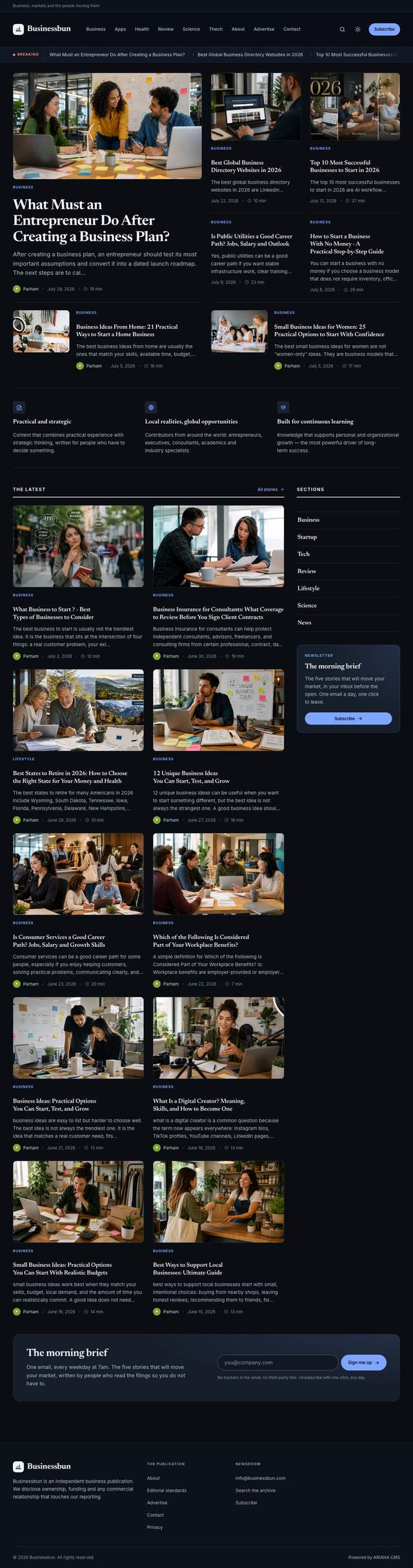 Full home page of businessbun.com, built on Ariana