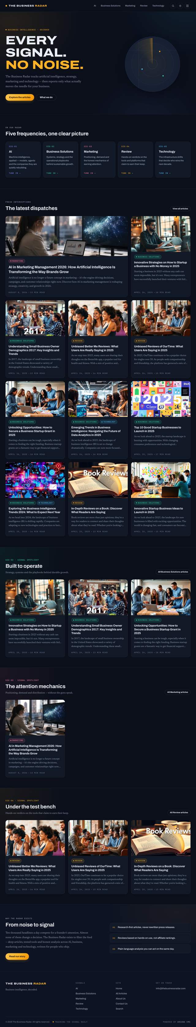 Full home page of thebusinessradar.com, built on Ariana