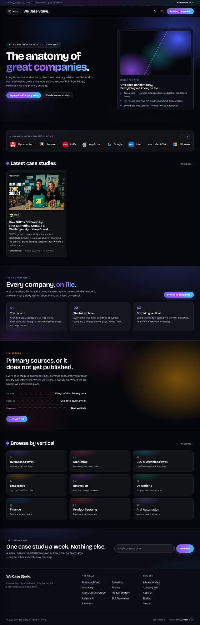 Full home page of wecasestudy.com, built on Ariana